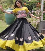 black silk blend embroidered traditional lehenga choli with free size upto 44