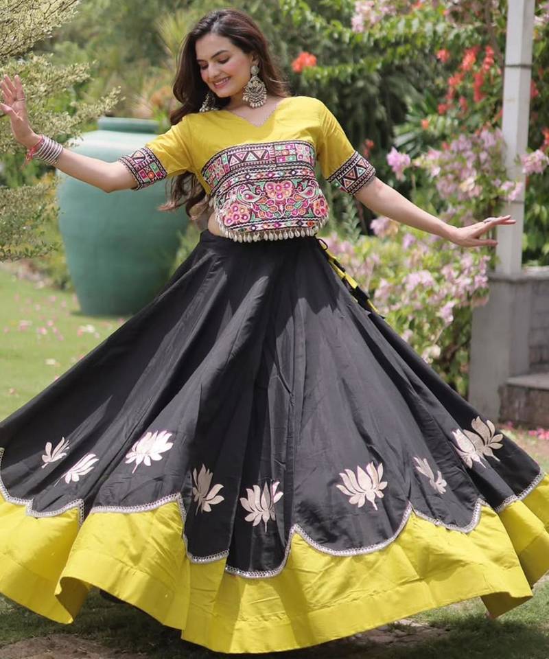 black silk blend embroidered traditional lehenga choli with free size upto 44