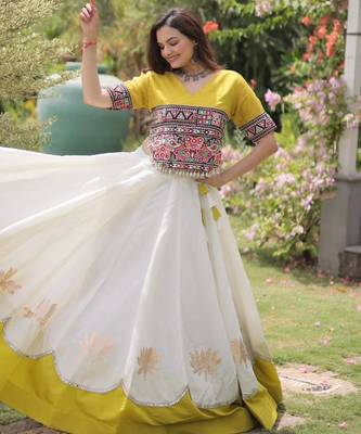 white silk blend embroidered traditional lehenga choli with free size upto 44 3