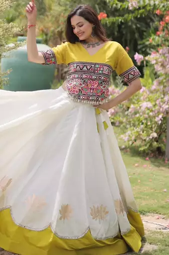 white silk blend embroidered traditional lehenga choli with free size upto 44