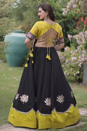 black silk blend embroidered traditional lehenga choli with free size upto 44