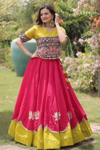 pink silk blend embroidered traditional lehenga choli with free size upto 44