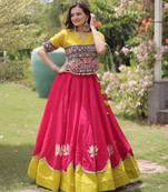 pink silk blend embroidered traditional lehenga choli with free size upto 44
