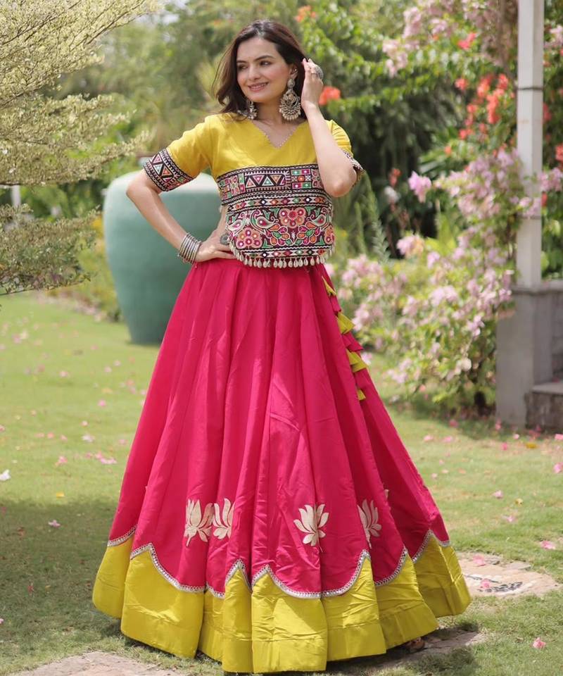 pink silk blend embroidered traditional lehenga choli with free size upto 44
