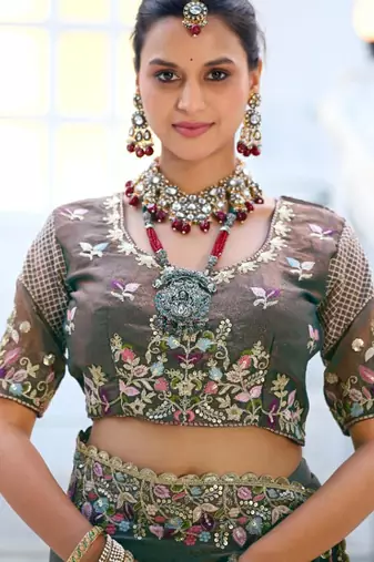 Kanjivaram olive gray embroidered floral border moss shimmer saree with unstitched blouse