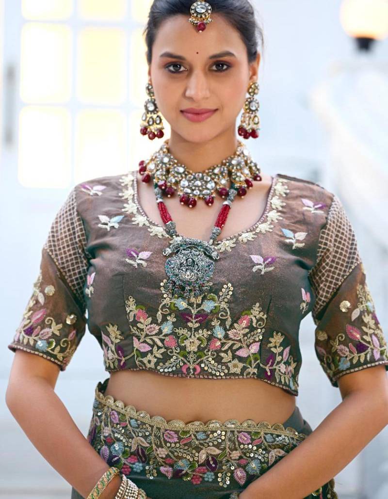 Kanjivaram olive gray embroidered floral border moss shimmer saree with unstitched blouse