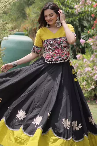 black silk blend embroidered traditional lehenga choli with free size upto 44
