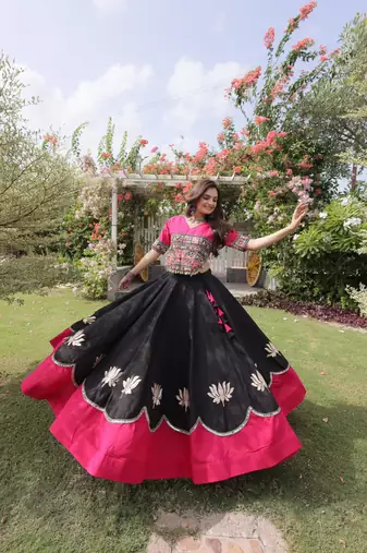 black blend embroidered traditional lehenga choli with free size upto 44