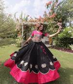  black blend embroidered traditional lehenga choli with free size upto 44
