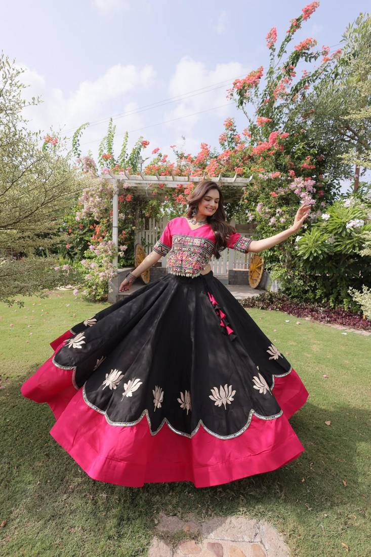  black blend embroidered traditional lehenga choli with free size upto 44