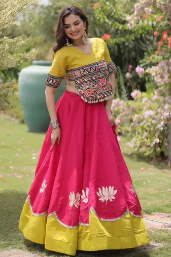 pink silk blend embroidered traditional lehenga choli with free size upto 44