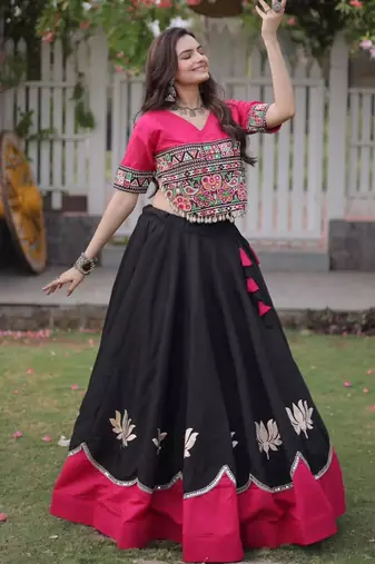  black blend embroidered traditional lehenga choli with free size upto 44