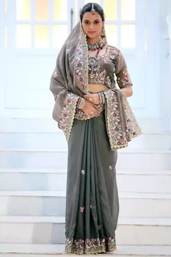 Kanjivaram olive gray embroidered floral border moss shimmer saree with unstitched blouse