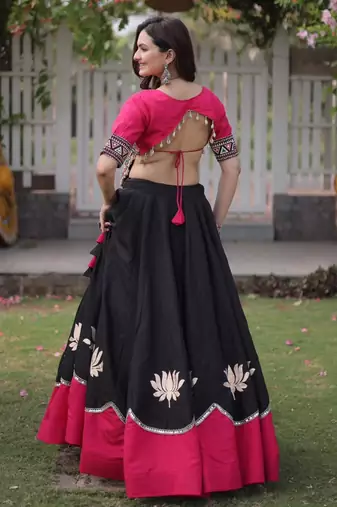 black blend embroidered traditional lehenga choli with free size upto 44