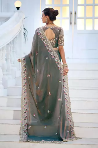 Kanjivaram olive gray embroidered floral border moss shimmer saree with unstitched blouse