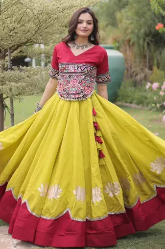 yellow silk blend embroidered traditional lehenga choli with free size upto 44
