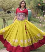 yellow silk blend embroidered traditional lehenga choli with free size upto 44