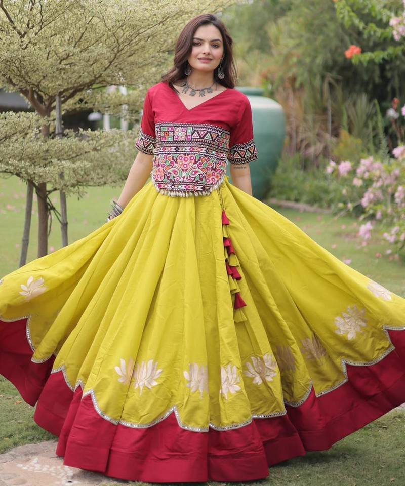 yellow silk blend embroidered traditional lehenga choli with free size upto 44