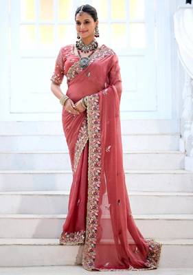 Designer rose pink embroidered floral border moss shimmer saree with unstitched blouse 1