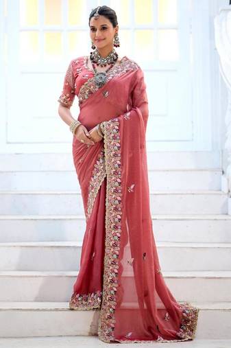 Designer rose pink embroidered floral border moss shimmer saree with unstitched blouse