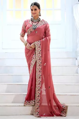 Designer rose pink embroidered floral border moss shimmer saree with unstitched blouse