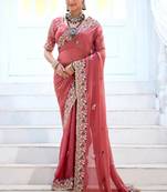 Designer rose pink embroidered floral border moss shimmer saree with unstitched blouse