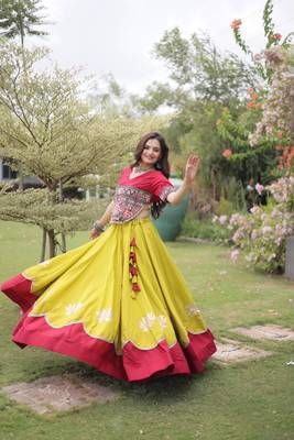 yellow silk blend embroidered traditional lehenga choli with free size upto 44 2