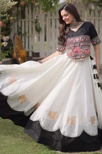 white silk blend embroidered traditional lehenga choli with free size upto 44