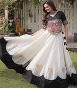 white silk blend embroidered traditional lehenga choli with free size upto 44