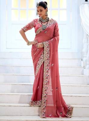 Designer rose pink embroidered floral border moss shimmer saree with unstitched blouse 2