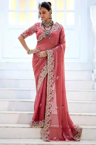 Designer rose pink embroidered floral border moss shimmer saree with unstitched blouse