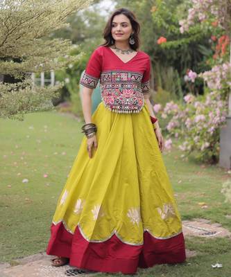 yellow silk blend embroidered traditional lehenga choli with free size upto 44 3