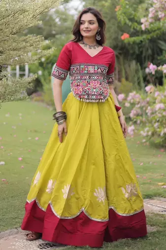 yellow silk blend embroidered traditional lehenga choli with free size upto 44