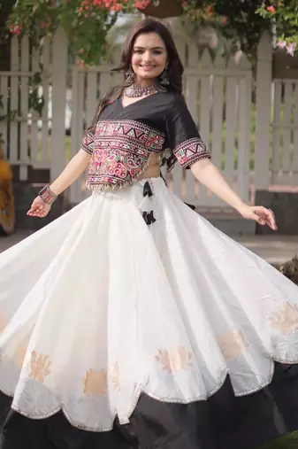 white silk blend embroidered traditional lehenga choli with free size upto 44
