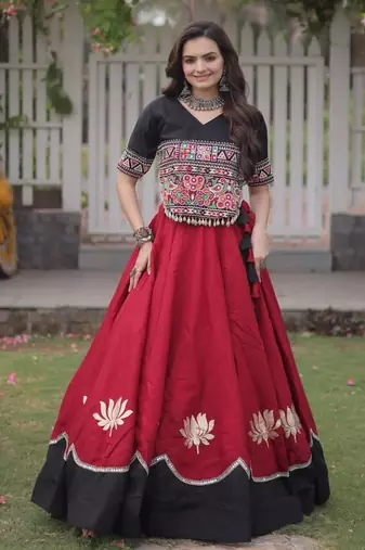 red silk blend embroidered traditional lehenga choli with free size upto 44