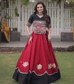 red silk blend embroidered traditional lehenga choli with free size upto 44