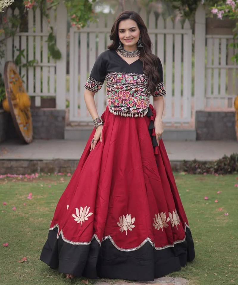 red silk blend embroidered traditional lehenga choli with free size upto 44