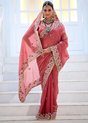 Designer rose pink embroidered floral border moss shimmer saree with unstitched blouse 3