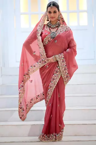 Designer rose pink embroidered floral border moss shimmer saree with unstitched blouse