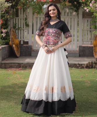 white silk blend embroidered traditional lehenga choli with free size upto 44 3