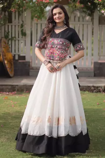 white silk blend embroidered traditional lehenga choli with free size upto 44