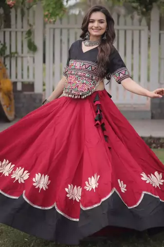 red silk blend embroidered traditional lehenga choli with free size upto 44