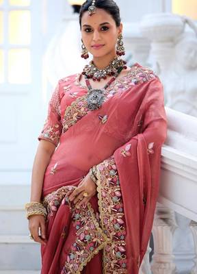 Designer rose pink embroidered floral border moss shimmer saree with unstitched blouse 4