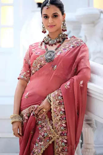 Designer rose pink embroidered floral border moss shimmer saree with unstitched blouse
