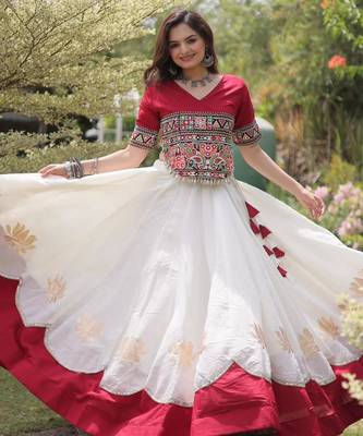 white silk blend embroidered traditional lehenga choli with free size upto 44 1