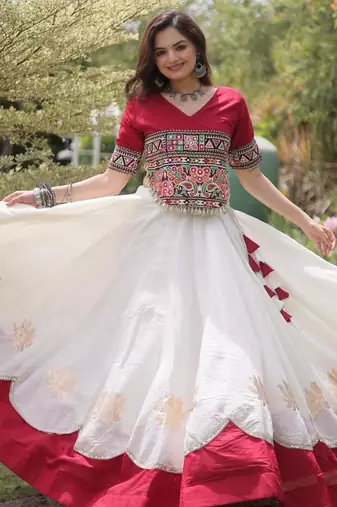 white silk blend embroidered traditional lehenga choli with free size upto 44