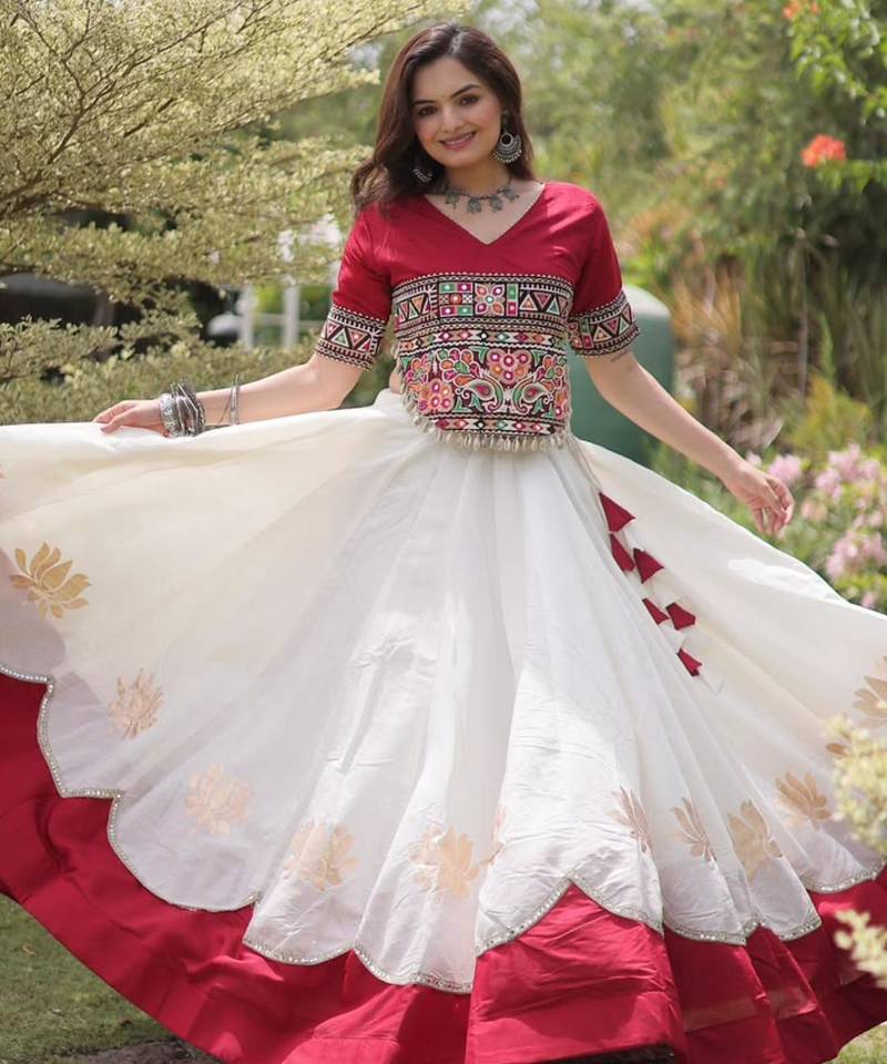 white silk blend embroidered traditional lehenga choli with free size upto 44