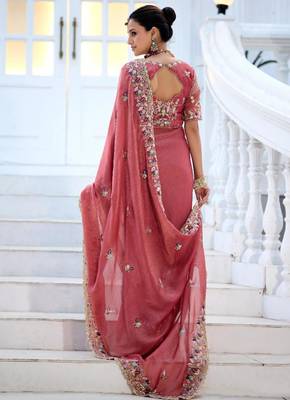 Designer rose pink embroidered floral border moss shimmer saree with unstitched blouse 5