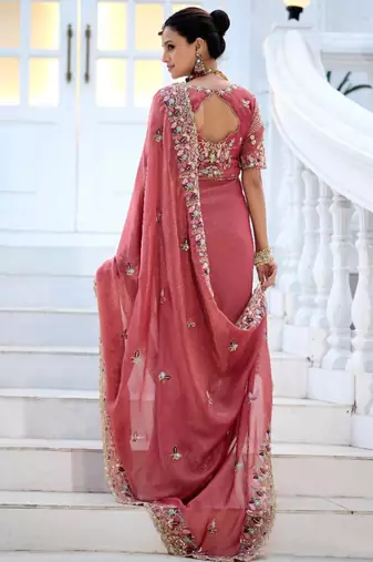 Designer rose pink embroidered floral border moss shimmer saree with unstitched blouse