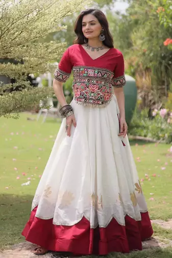 white silk blend embroidered traditional lehenga choli with free size upto 44